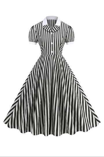 Vestido negro de rayas de línea de 1950 con mangas